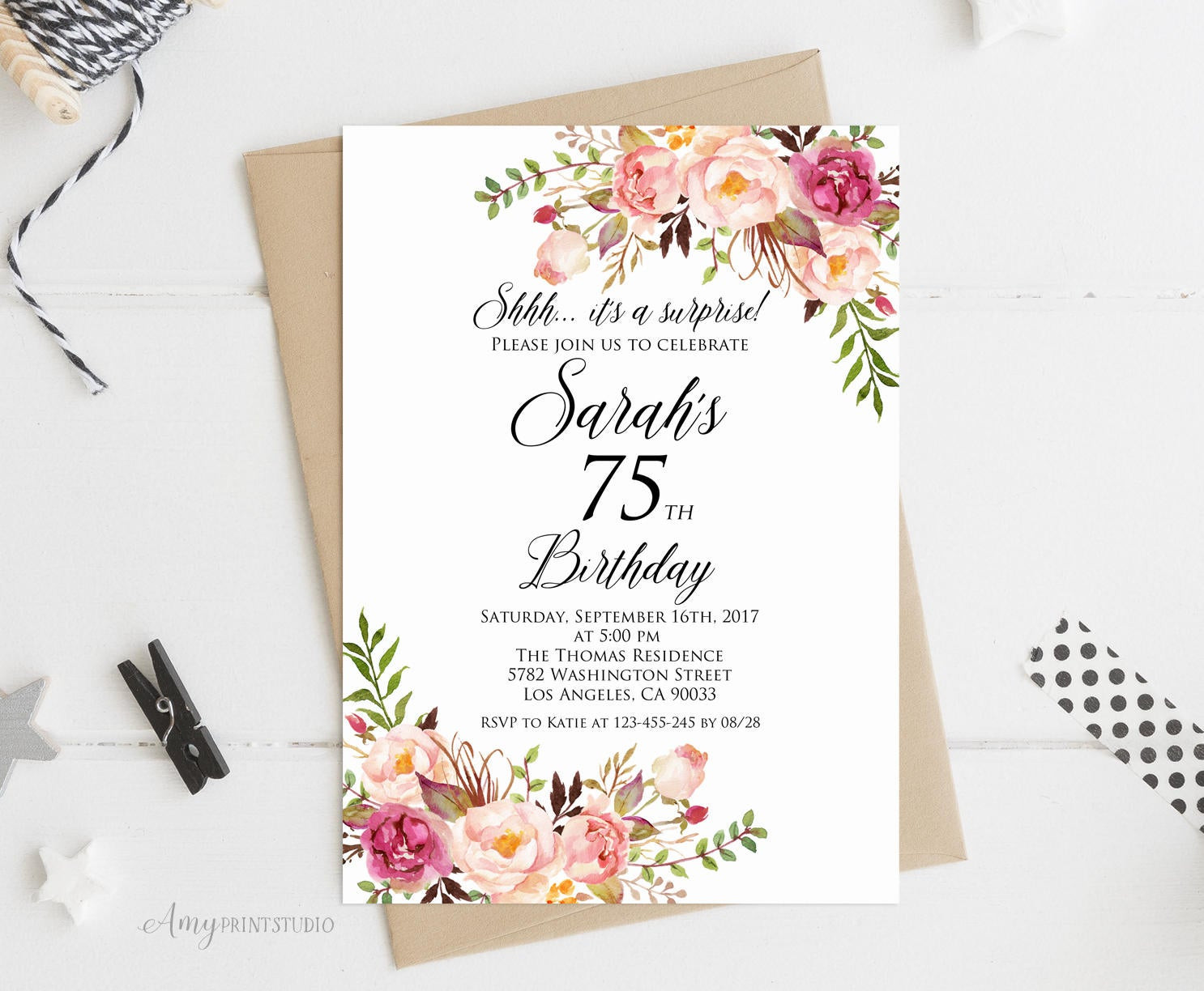75th Birthday Party Invitations
 Surprise 75th Birthday Invitation Women Birthday Invitation