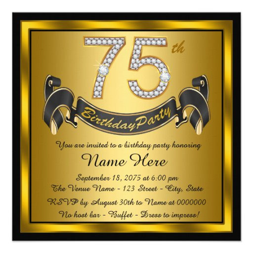 75th Birthday Party Invitations
 Gold 75th Birthday Party