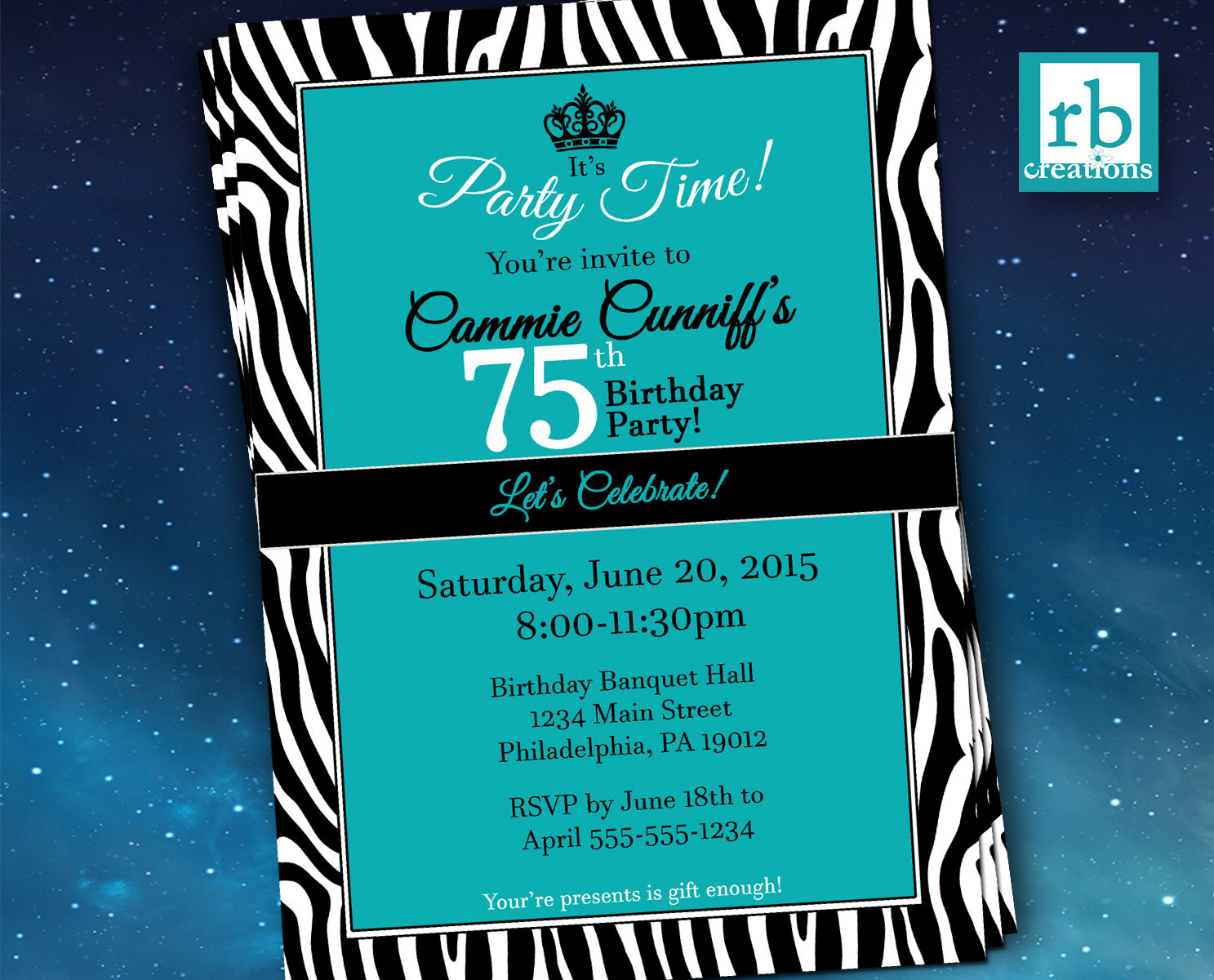 75th Birthday Party Invitations
 75th Birthday Invitation Zebra Invitations Let s