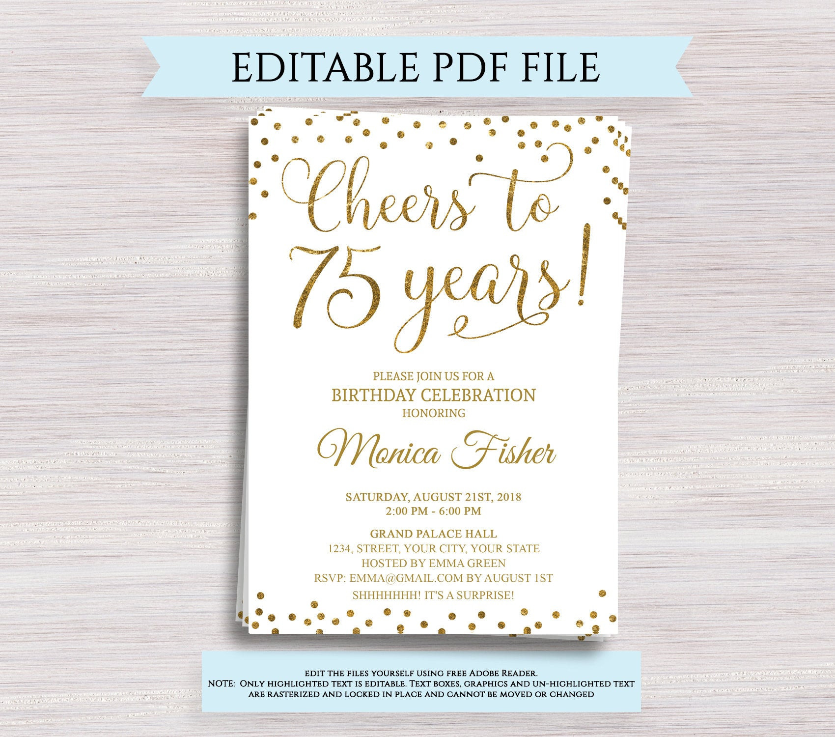 75th Birthday Party Invitations
 Editable 75th Birthday Party Invitation template Cheers to