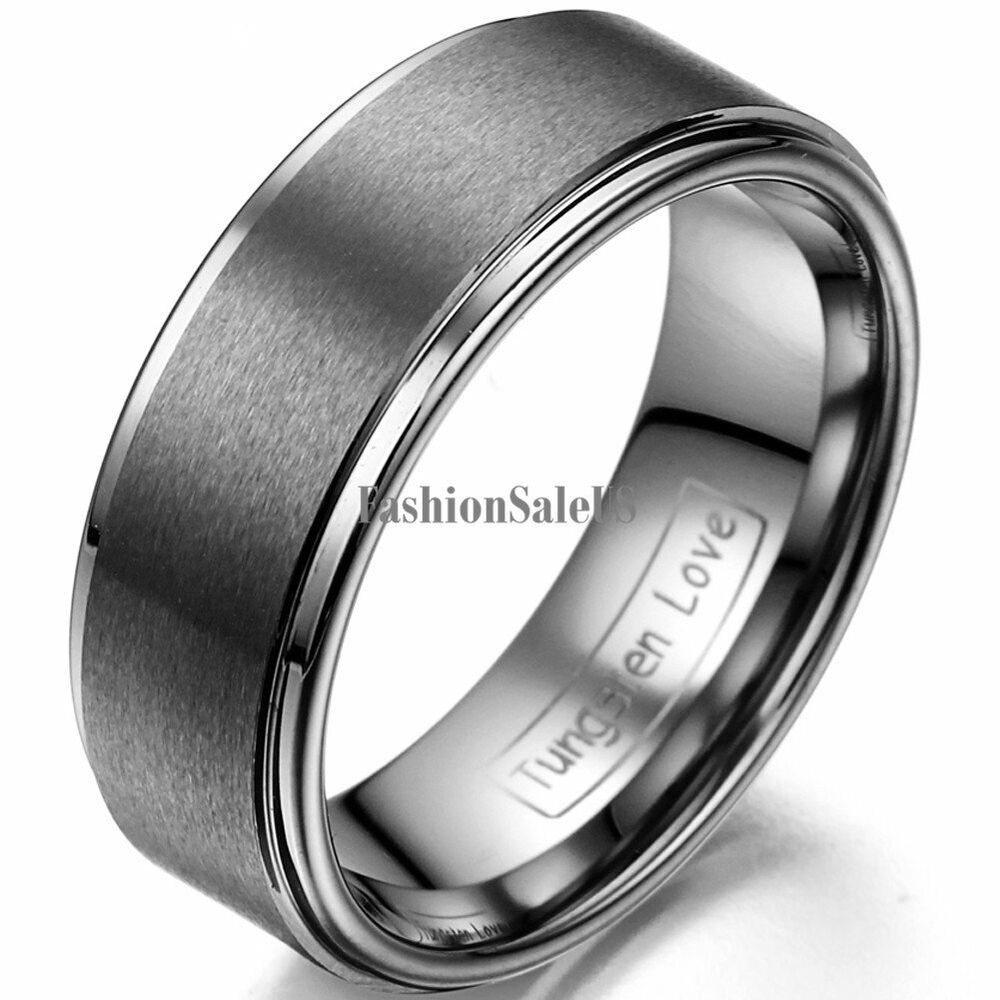 8mm Mens Wedding Band
 8mm Matte Finish Flat Ridged Edges Tungsten Carbide Ring
