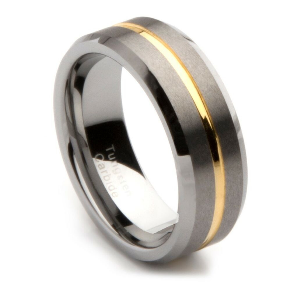 8mm Mens Wedding Band
 Mens Tungsten Carbide Gold Grooved Wedding Band 8mm