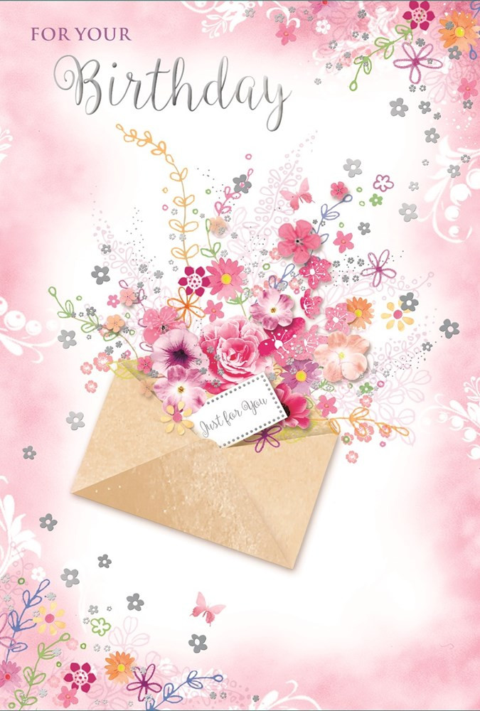 A Birthday Card
 Open Female Birthday Card Bright Flower Bouquet & Brown