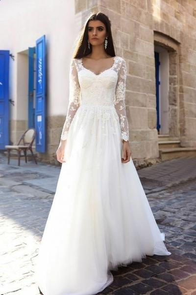 A Line Lace Wedding Dress
 A line Lace Long Sleeves Wedding Dress 2019 Spring Style