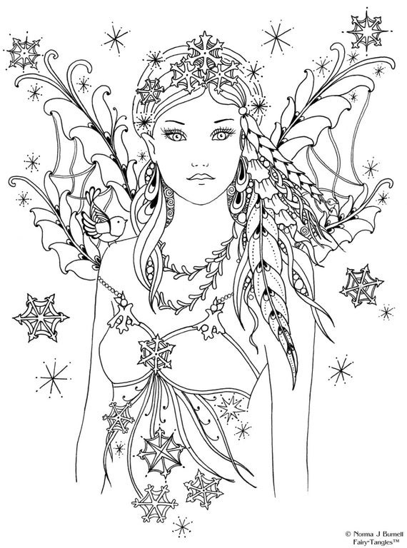 Adult Fairy Coloring Pages
 Snowbird Fairy Tangles Printable 4x6 inch Digi Stamp Fairies