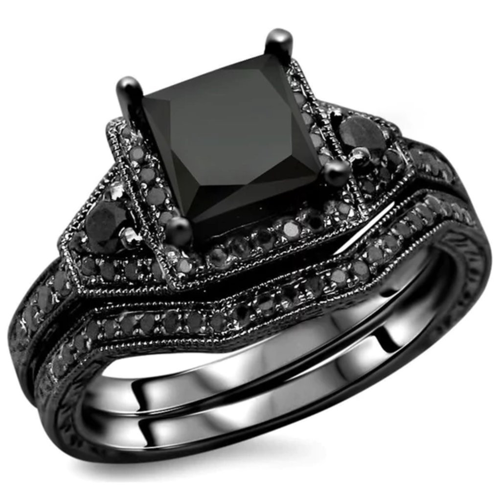 All Black Diamond Engagement Rings
 Black Diamond 925 Sterling Silver Engagement Ring Set