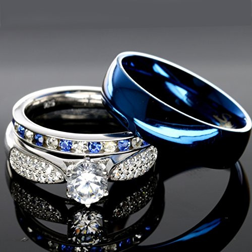 Amazon Wedding Rings Sets
 His and Hers 925 Sterling Silver Blue Sapphire Stainless