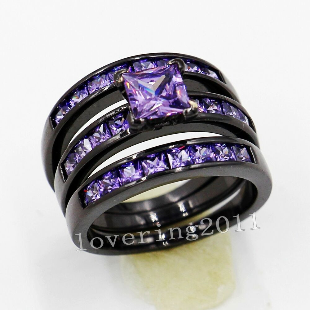 Amethyst Wedding Ring Sets
 Engagement Amethyst Gemstones 10KT Black Gold Filled 3