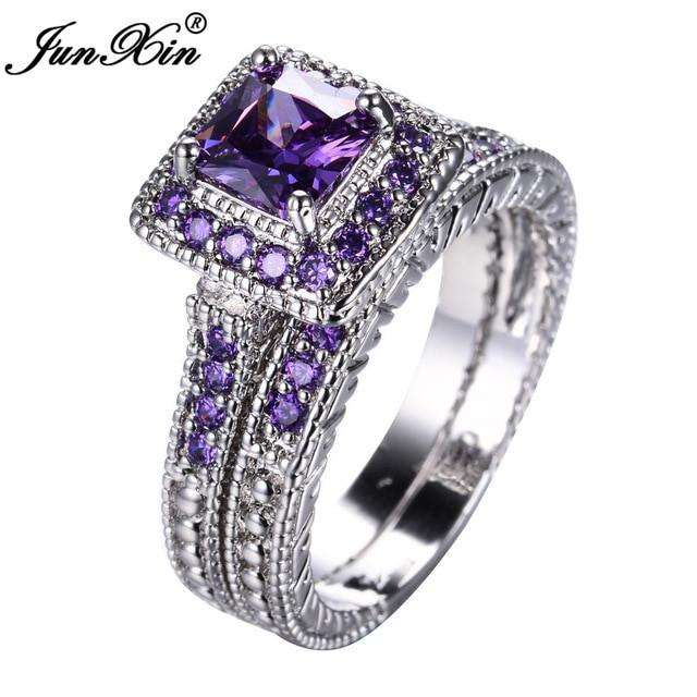 Amethyst Wedding Ring Sets
 JUNXIN Elegant Purple Ring Set White Gold Filled Wedding
