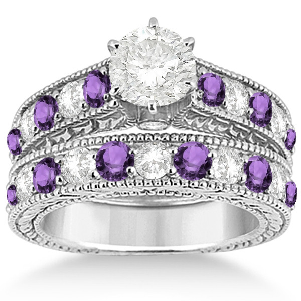 Amethyst Wedding Ring Sets
 Antique Diamond & Amethyst Bridal Wedding Ring Set 14k