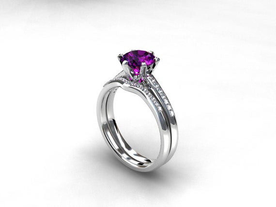 Amethyst Wedding Ring Sets
 engagement ring set Amethyst ring Diamond band wedding ring