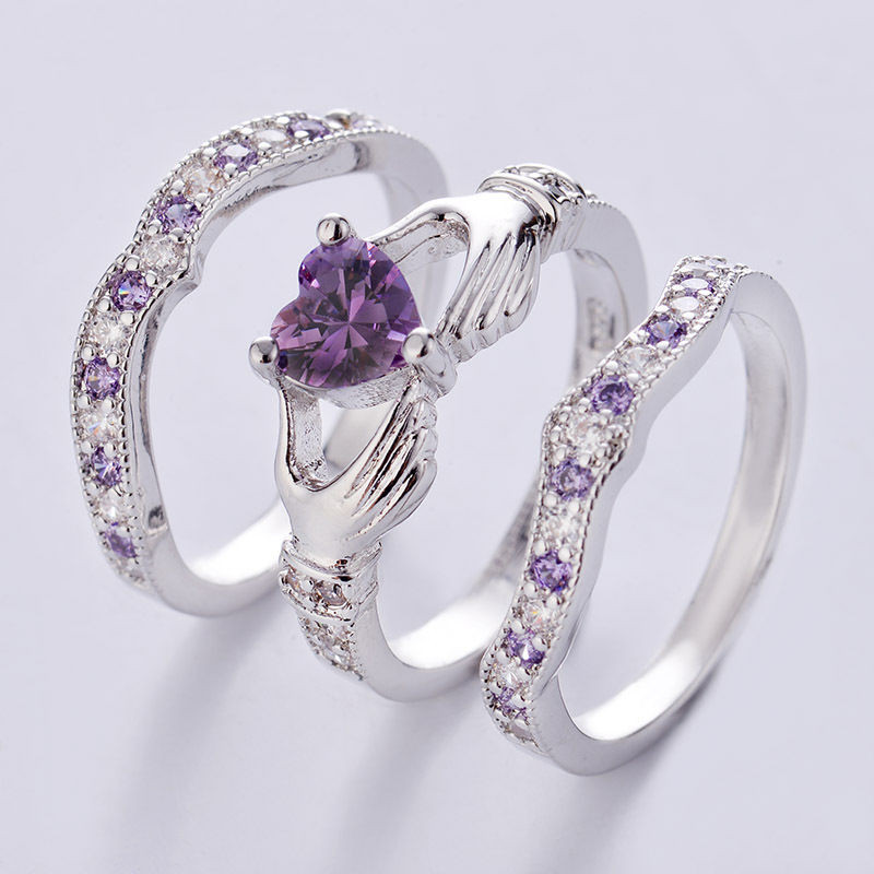 Amethyst Wedding Ring Sets
 3PCs Irish Claddagh Celtic Heart Amethyst 925 Silver