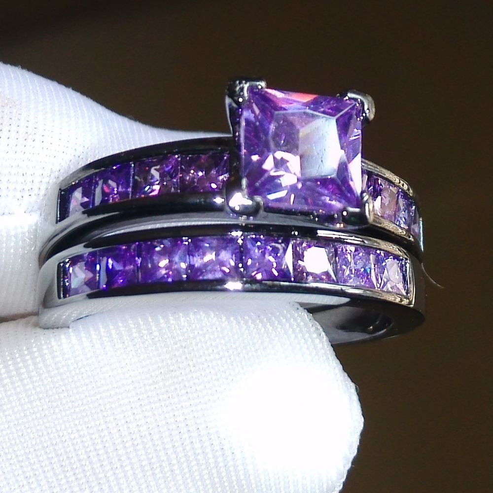 Amethyst Wedding Ring Sets
 Sz5 10 Retro Princess cut 10kt black gold filled Amethyst