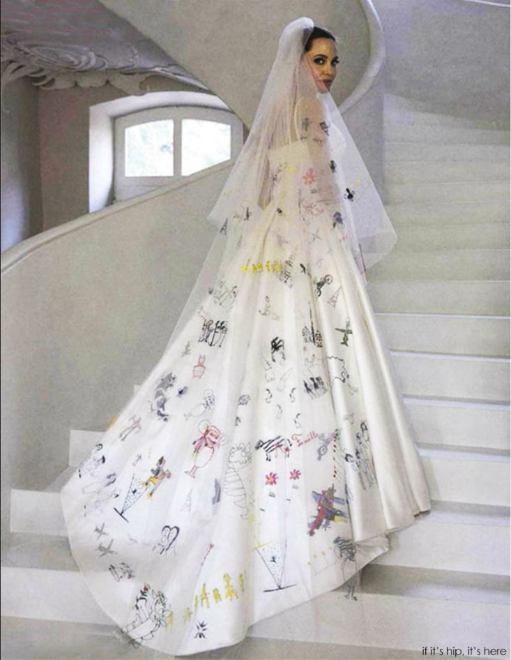 Angelina Wedding Gown
 Angelina Jolie Pitt’s Wedding Gown and Veil Decorated With