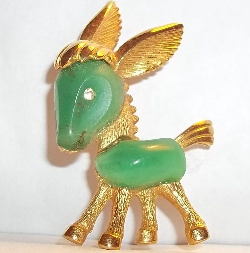 Animal Brooches Vintage Signed Boucher Green Donkey Pin Gold Tone 8691P