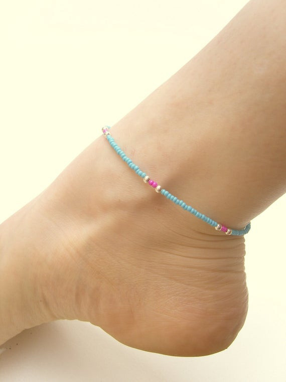 Anklet Simple
 Seed Bead Anklet Pink and Blue Beaded Anklet Beach Jewelry