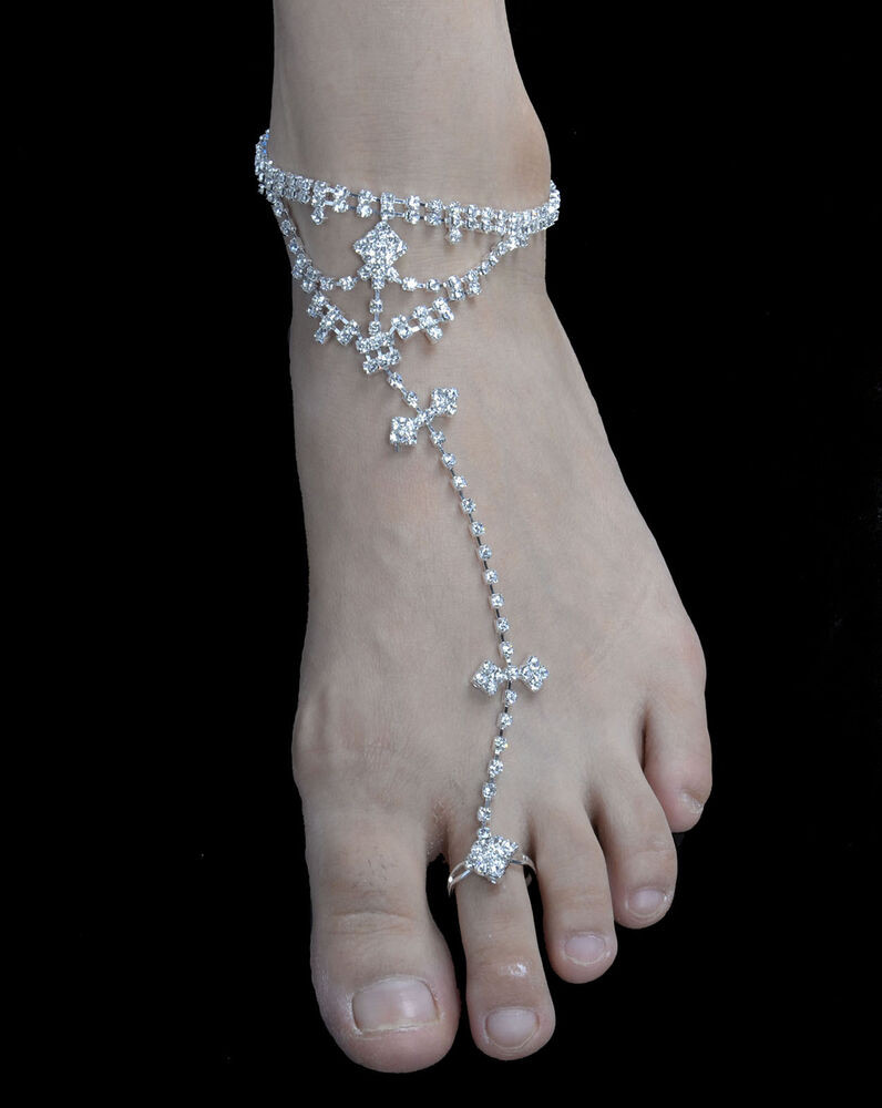 Anklet Wedding
 Crystal Rhinestone w Ring Barefoot Beach Foot Anklets