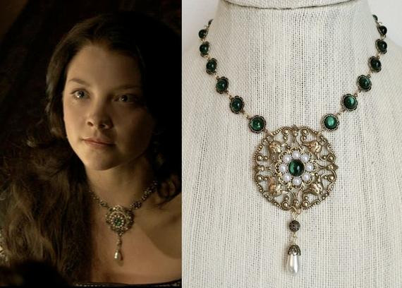 Anne Boleyn Necklace
 Anne Boleyn Emerald Necklace gold or silver by DBakerJewelry