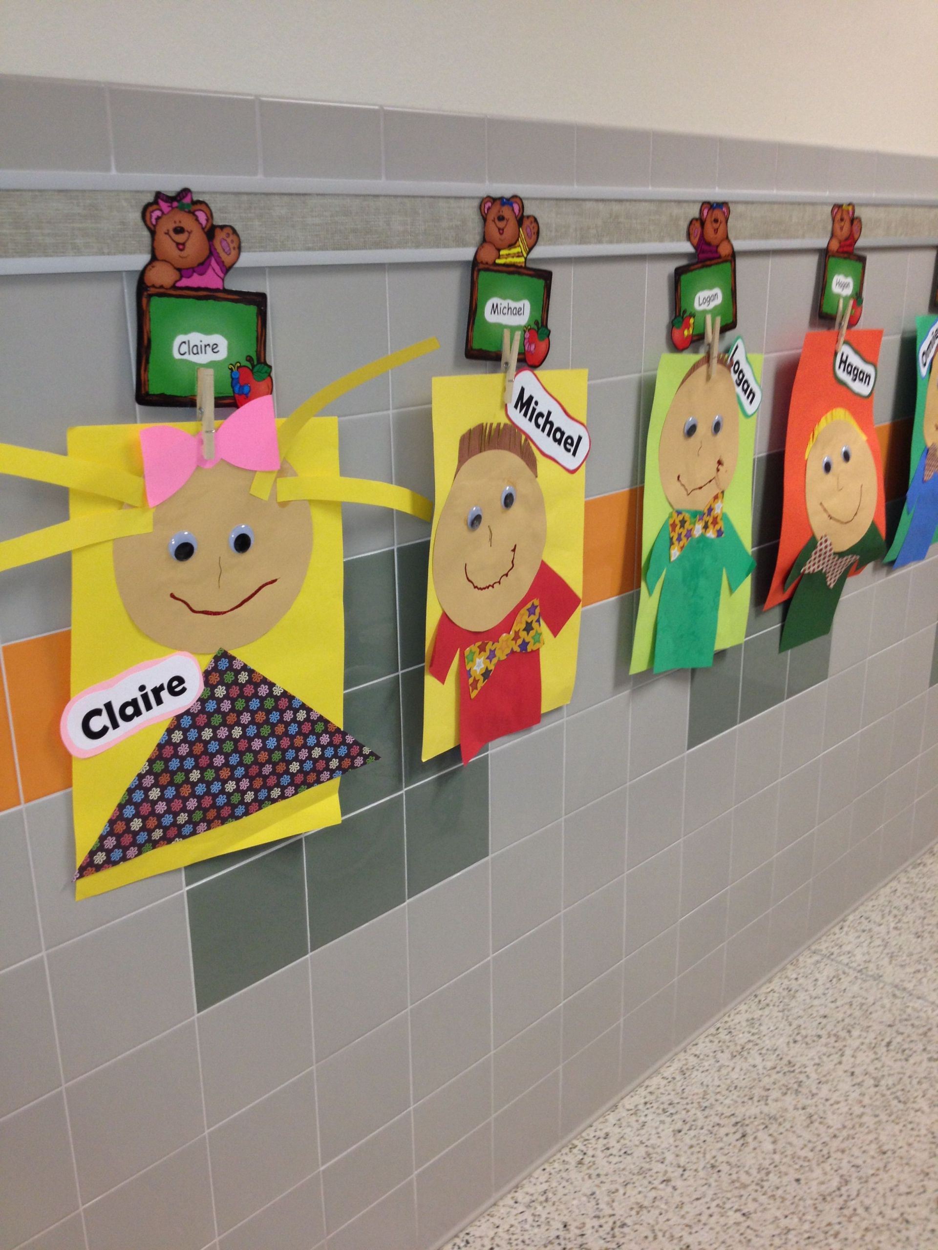 Art And Craft For Preschool
 All about me I like the name clips to hang them from too