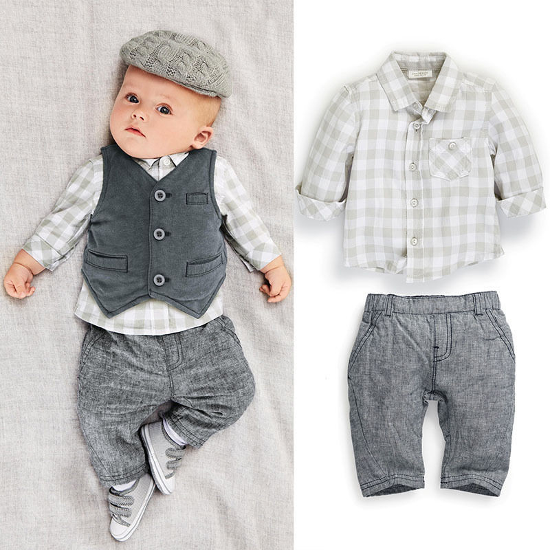 Baby Boy Fashion Clothes
 New Newborn baby boy Grey Waistcoat Pants Shirts
