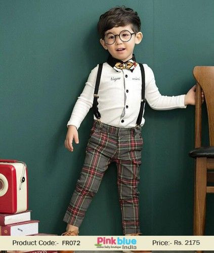 Baby Boys Party Clothes
 White Shirt and Brown Check Formal Pants Clothing for Baby