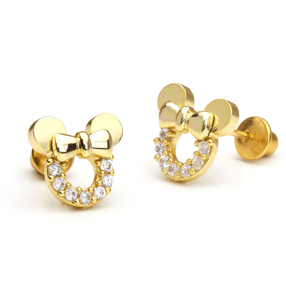 Baby Diamond Earrings
 14k Gold Plated Mouse Children Screwback Baby Girls