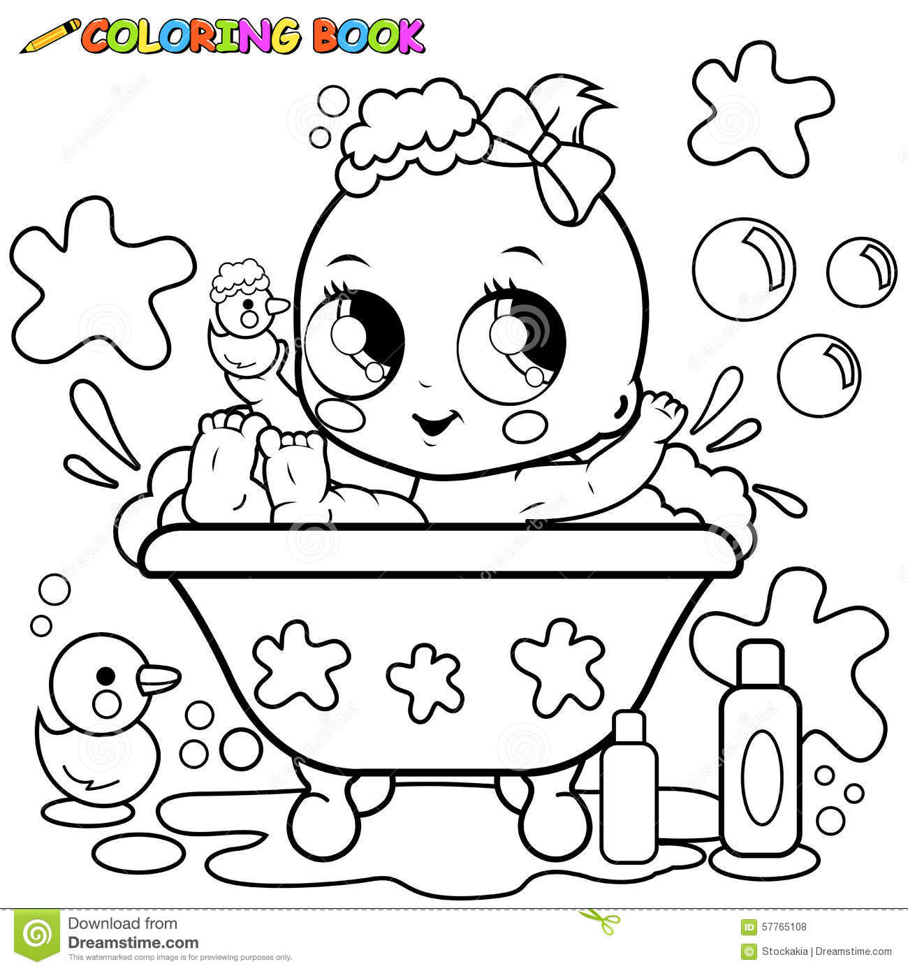 Baby Girl Coloring Pages
 Baby Girl Taking A Bath Coloring Page Stock Vector