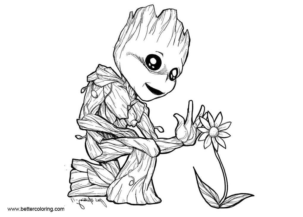 Baby Groot Coloring Pages
 Baby Groot Coloring Pages with Flower Free Printable