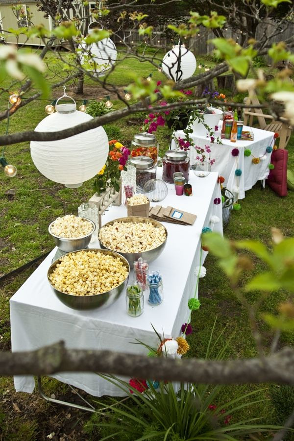 Backyard Night Party Ideas
 Backyard movie screening tablescape full of popcorn and