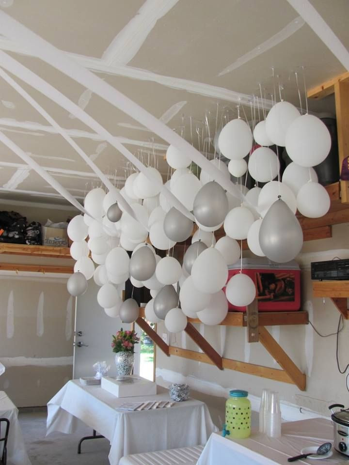 Balloon Ideas For Engagement Party
 Silver & white Balloons hanging from cieling
