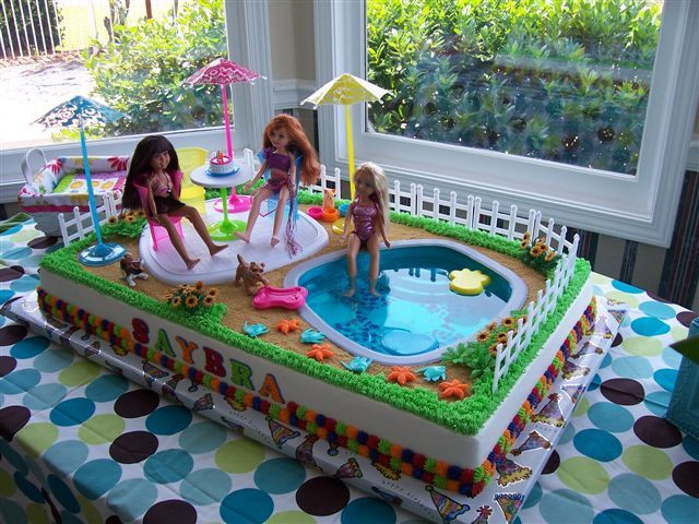 Barbie Pool Party Ideas
 Jelly swimming pool and barbies on birthday cake