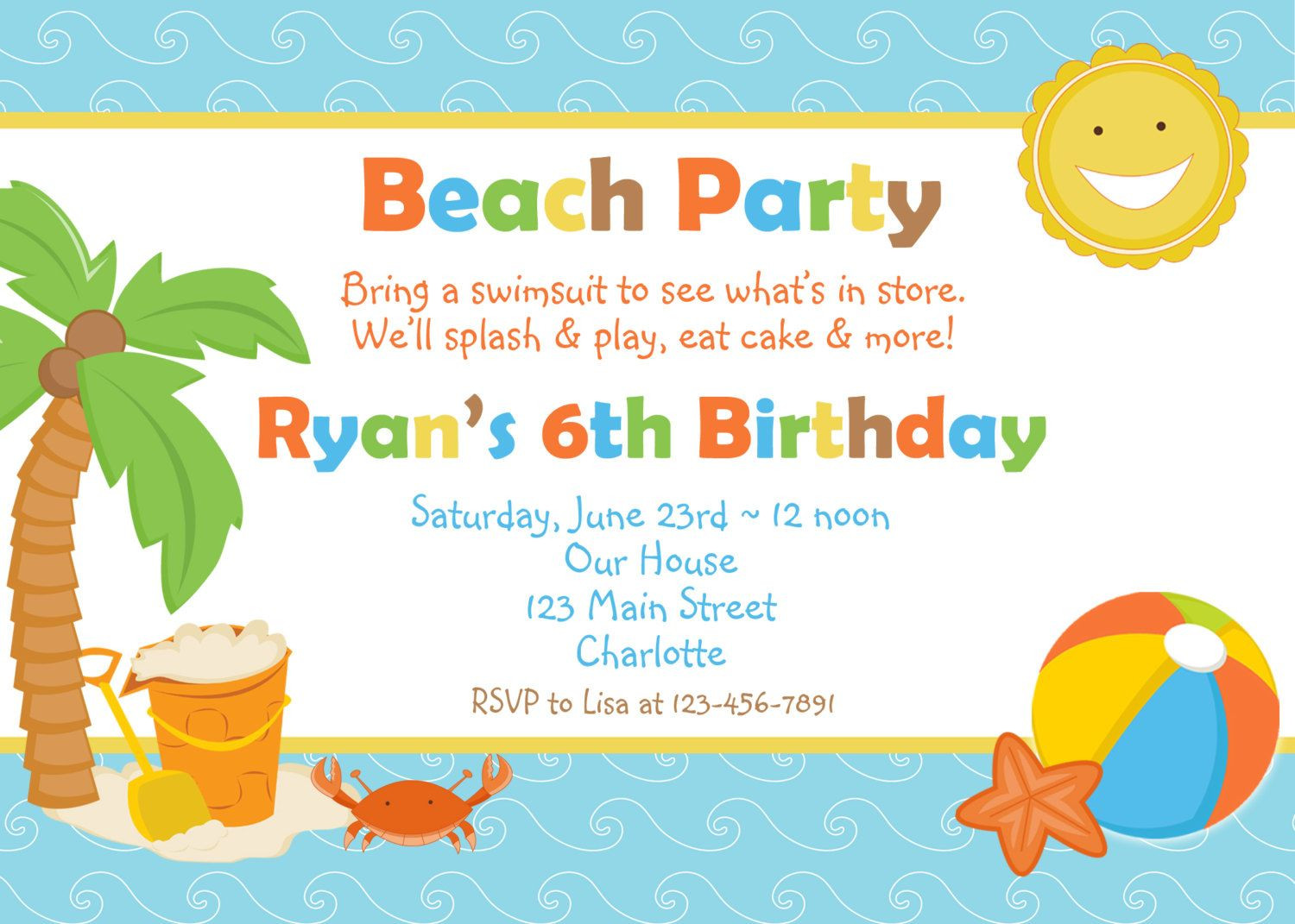 Beach Party Invitation Wording Ideas
 Beach Birthday Party Invitation pool party beach