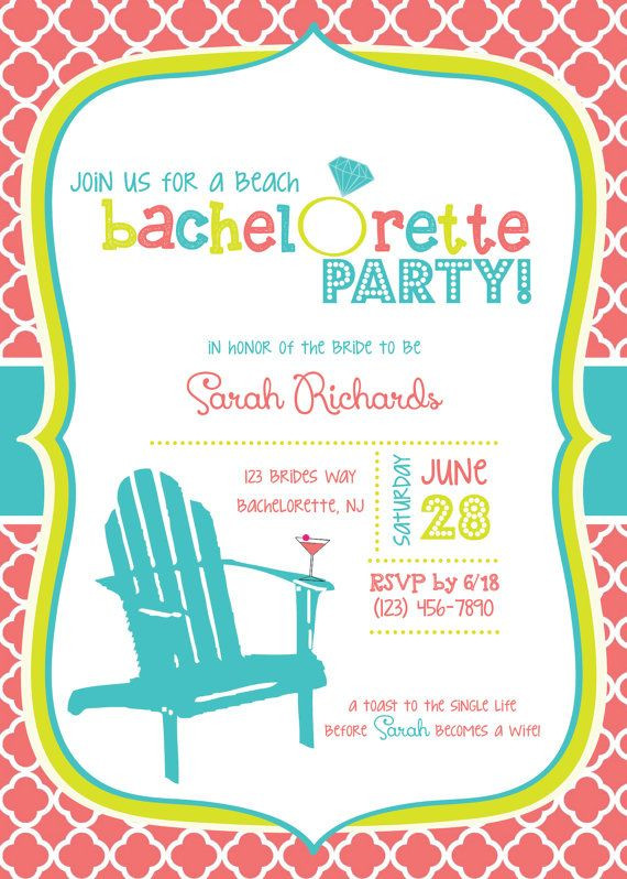 Beach Party Invitation Wording Ideas
 CUSTOM Beach Themed Bachelorette Party Invitations