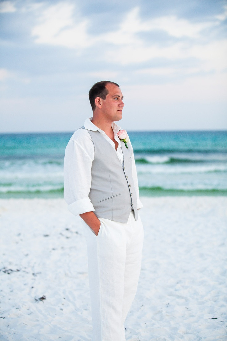 Beach Wedding Groom Attire
 Picture white pants a white shirt a light grey vest