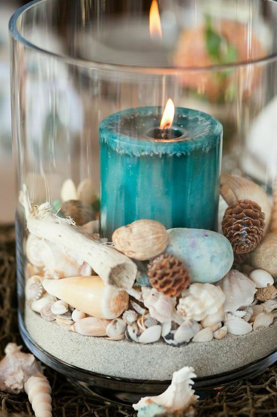 Beach Wedding Table Decorations
 Blue candle shell sand in glass cylinder centerpiece