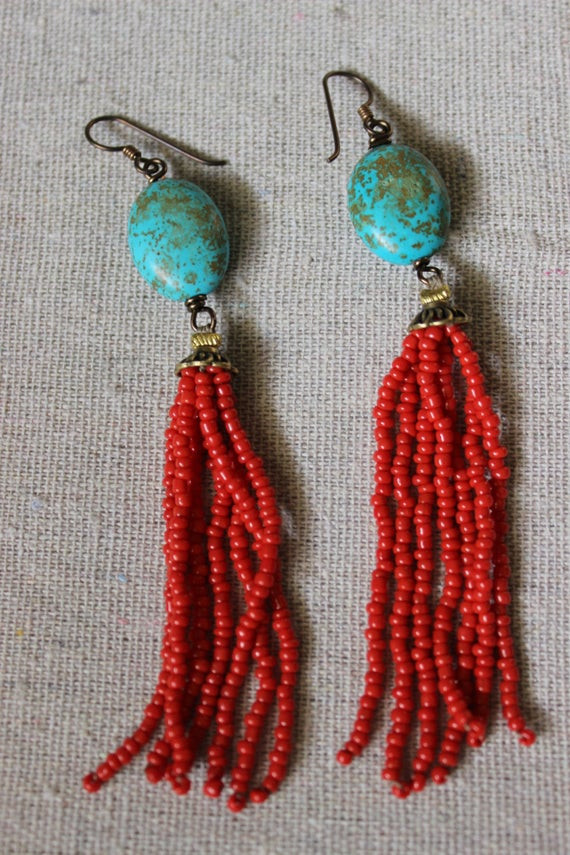 Bead Tassel Earrings
 Tassel bead earrings turquoise and red by StarsonMarsJewelryCo