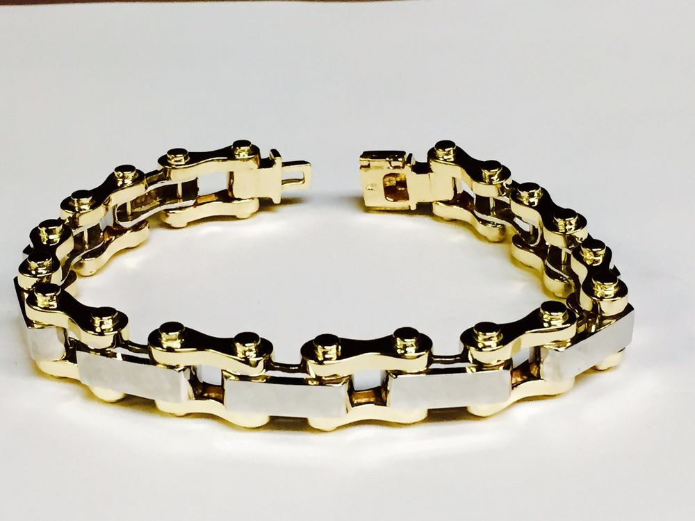 Bicycle Chain Bracelet
 18k solid gold mens motorcycle bike chain bracelet 10 5