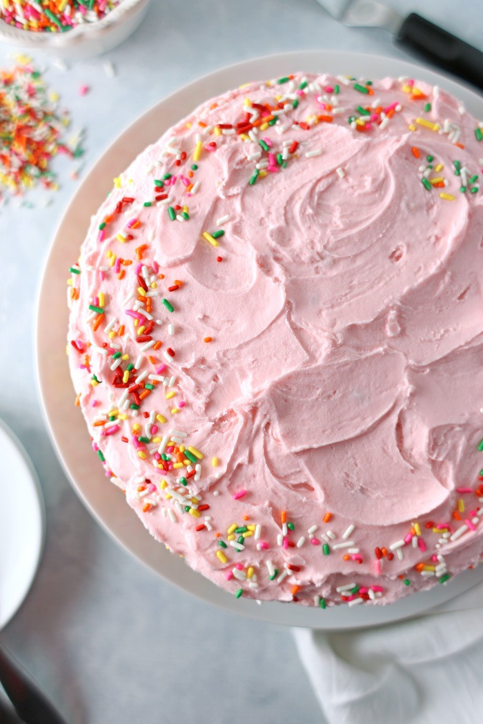 Birthday Cake Icing Recipe
 Yellow Birthday Cake with Fluffy Pink Frosting Seasonly