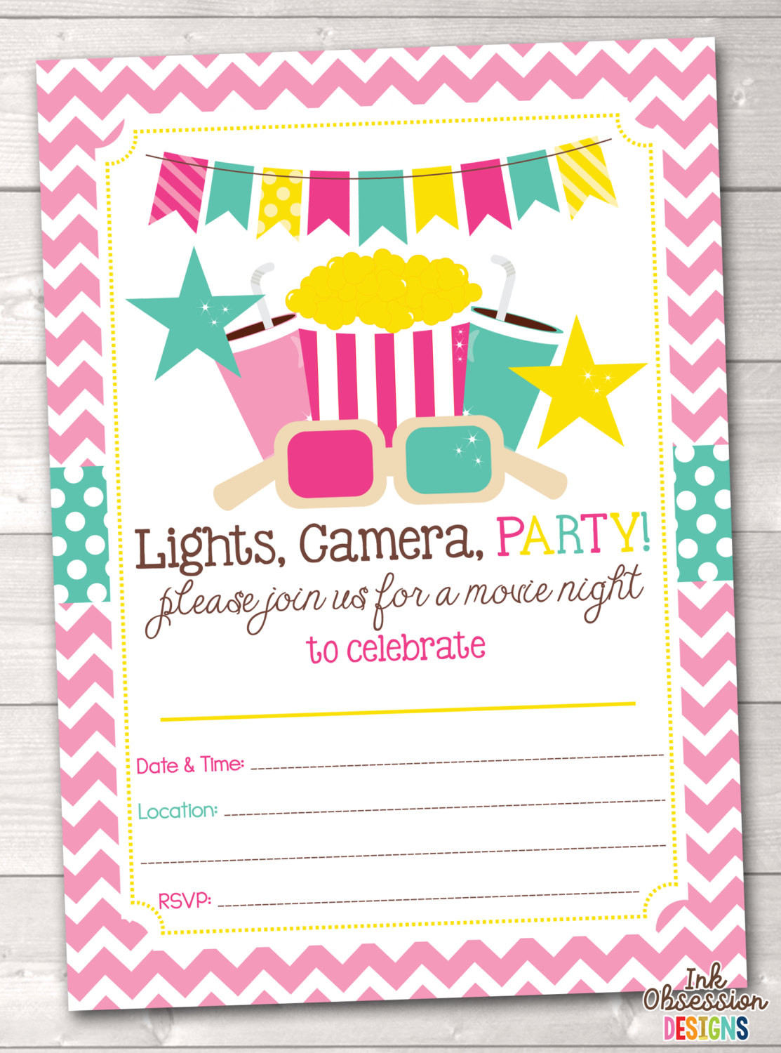 Birthday Invitation
 Printable Girls Movie Party Birthday Party Invitation Instant