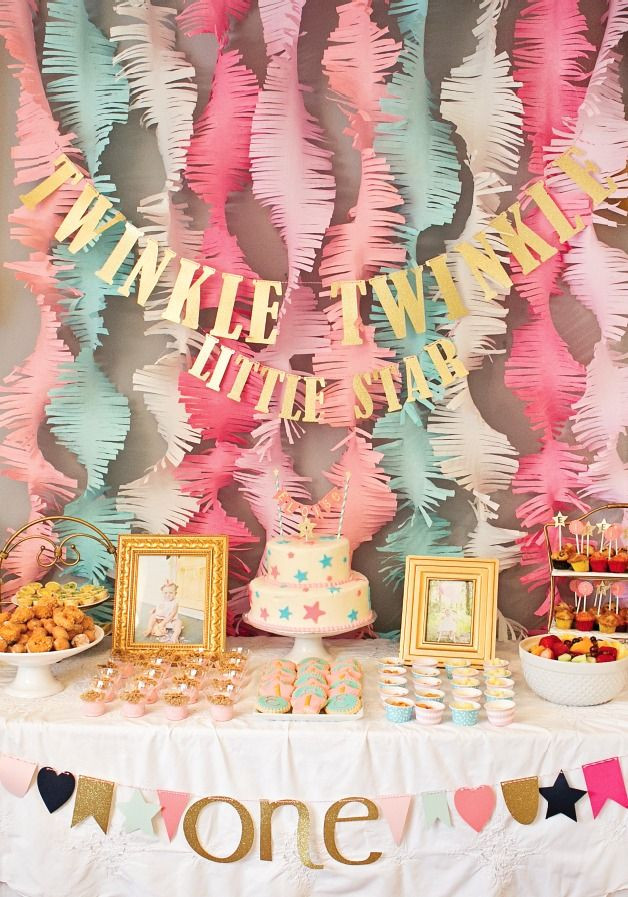 Birthday Party Decoration Ideas For 1 Year Old
 Pink and Gold Twinkle Little Star 1st Birthday Party