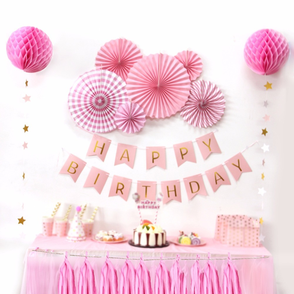 Birthday Party Decorations Diy
 Sunbeauty A Set Pink Theme Happy Birthday Decoration DIY