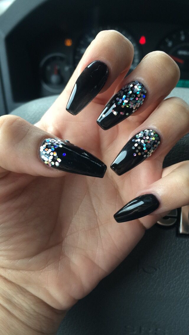 Black Acrylic Nail Ideas
 Coffin nails Black with Glitter nails coffin