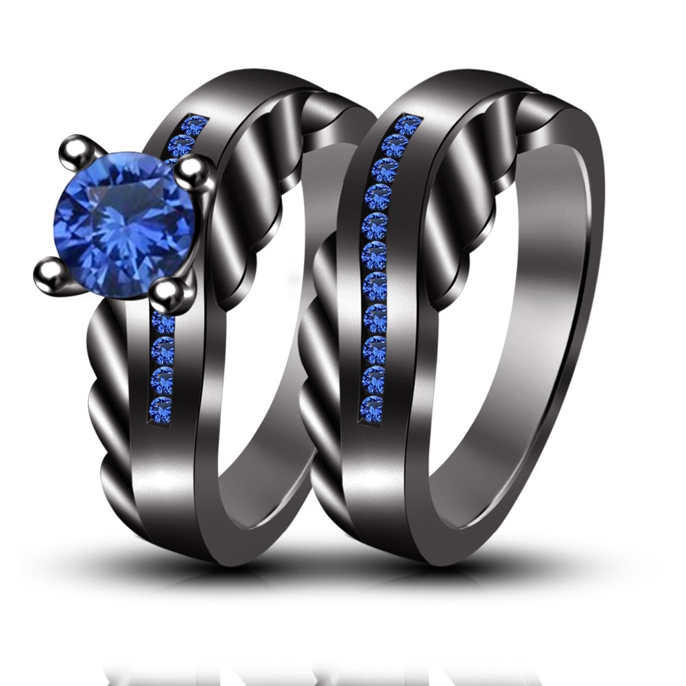 Black And Blue Wedding Rings
 Wedding & Engagement Rings Set Blue Sapphire Handmade