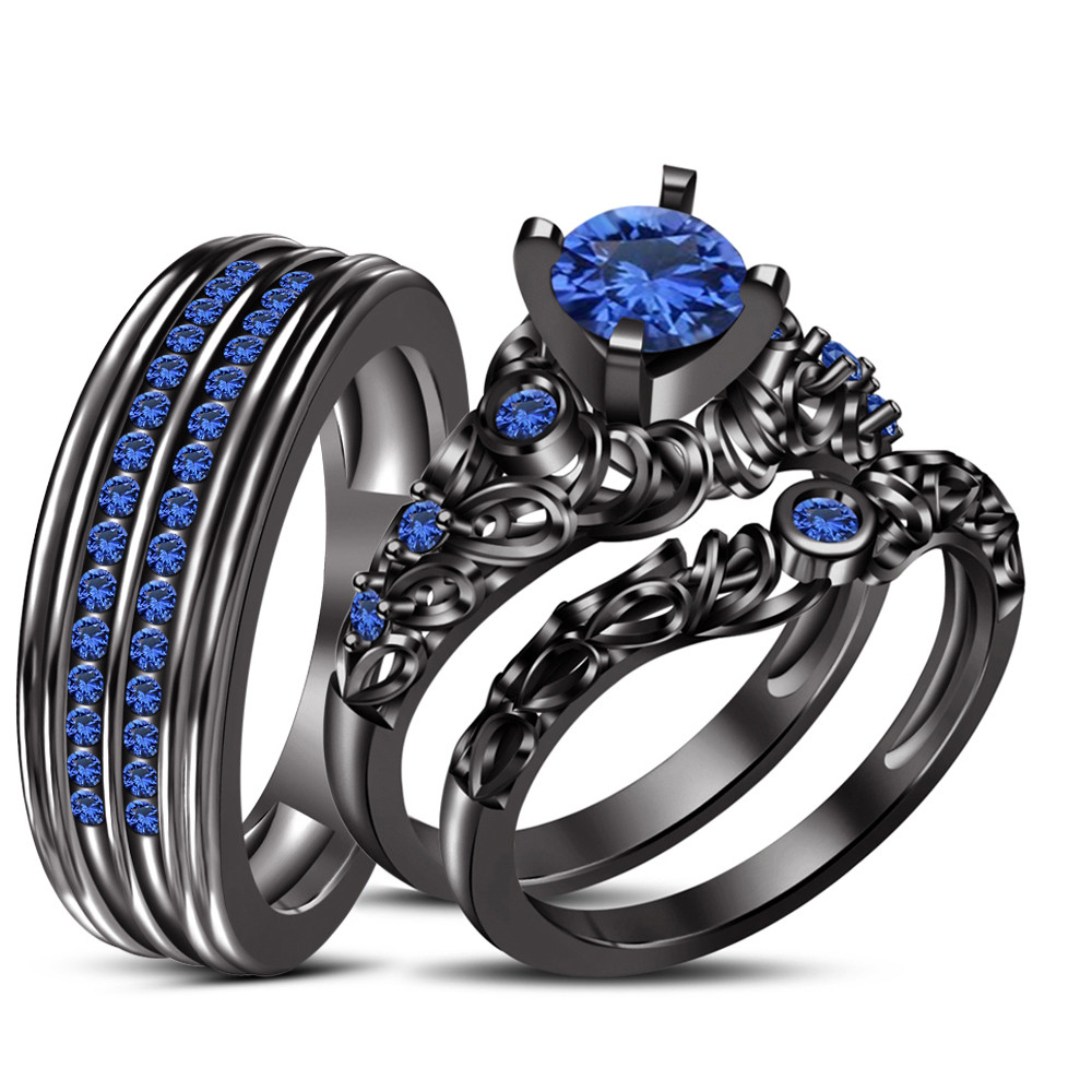Black And Blue Wedding Rings
 Blue Sapphire Black GP 925 Silver His & Her Wedding Ring