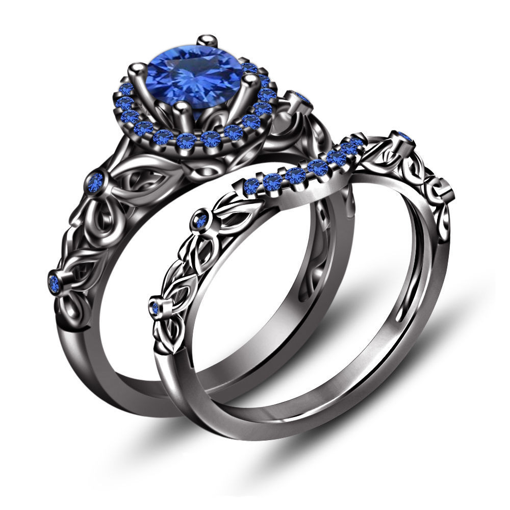 Black And Blue Wedding Rings
 Engagement Bridal Set Ring 925 Sterling Silver Black Gold