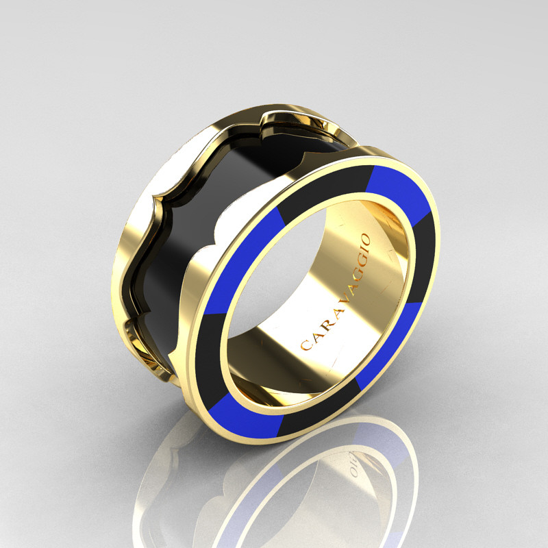 Black And Blue Wedding Rings
 Caravaggio 14K Yellow Gold Black and Blue Italian Enamel