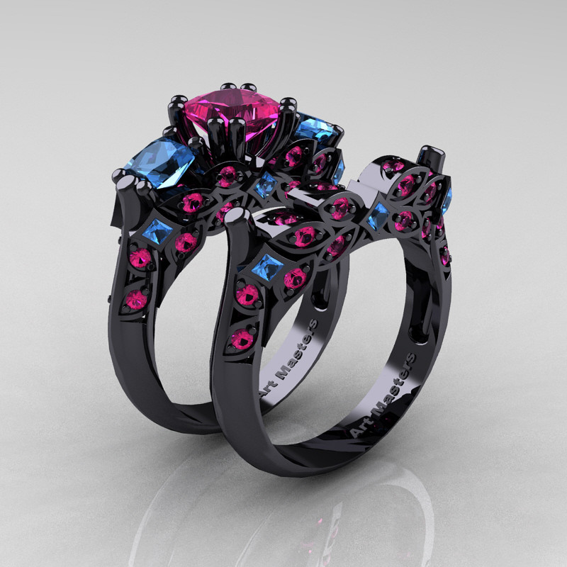 Black And Blue Wedding Rings
 Designer Classic 14K Black Gold Three Stone Princess Pink
