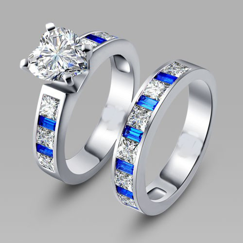 Black And Blue Wedding Rings
 Heart Cut White and Blue Cubic Zirconia Silver Women s