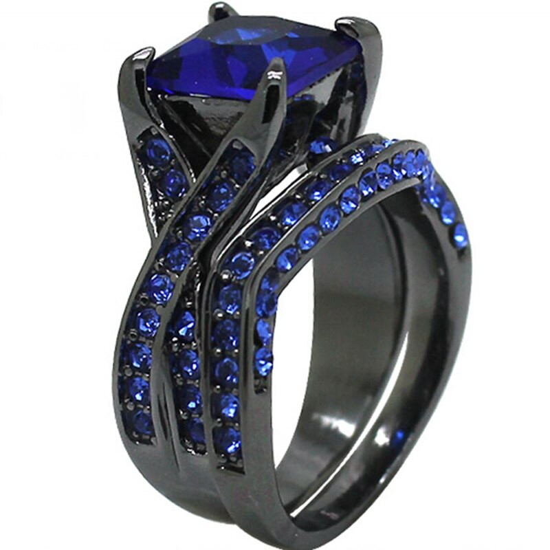 Black And Blue Wedding Rings
 Size 5 11 Blue Stone Black Rhodium Princess Cut Stone Halo