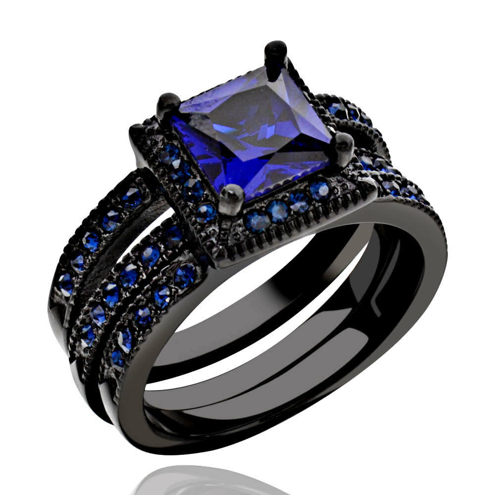 Black And Blue Wedding Rings
 Black Stainless Steel Women s Wedding Band Ring Set Halo